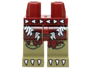 LEGO onderdeel Hips and Olive Green Legs with Dark Red Loincloth, Bone Belt, Cord with Teeth and White Claws Pattern (970c155pb11)