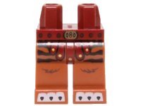LEGO part Hips and Dark Orange Legs with Dark Red and Gold Armor, Gold Belt Buckle, Black Tiger Stripes and White Claws Pattern 970c68pb02