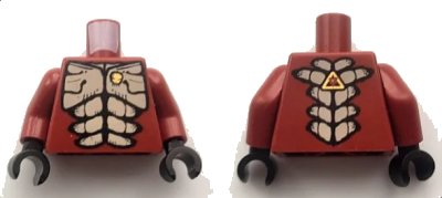 LEGO onderdeel Torso Alien with Muscles Outline and Gold Skull Pattern / Dark Red Arms / Black Hands (973pb0696c01)