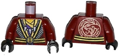 LEGO onderdeel Torso Robe with Black and Gold Belt and Trim over Dark Purple Shirt, White Animal Tooth / Claw Necklace, Yellow Neck, Copper Snake Head Emblem on Back Pattern / Dark Red Arms / Black Hands (973pb1950c01)