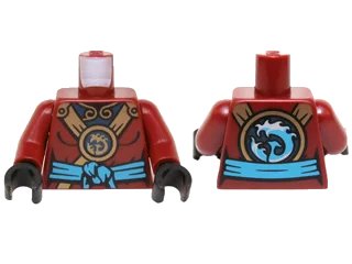 LEGO onderdeel Torso Ninjago Female Outline with Gold Straps, Round Emblem, Dark Azure Knotted Sash and Dark Blue Undershirt Pattern / Dark Red Arms / Black Hands (973pb2090c01)