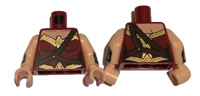 LEGO onderdeel Torso Female Outline and Gold Trim and Crossbelt Pattern (Wonder Woman) / Light Nougat Arms with Silver Gauntlet Pattern / Light Nougat Hands (973pb2333c01)