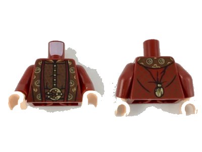 LEGO onderdeel Torso Ornate Robe with Long Scarves, Gold, Reddish Brown and Dark Brown Details Pattern / Dark Red Arms / Light Nougat Hands (973pb3195c01)