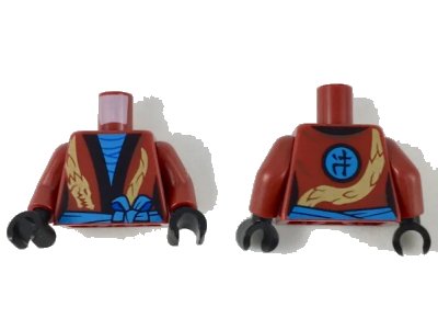 LEGO onderdeel Torso Female Robe, Dark Azure Shirt and Sash, Black Hems, Gold Dragon Pattern / Dark Red Arms / Black Hands (973pb3404c01)