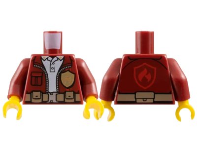LEGO onderdeel Torso Jacket with Gold Fire Logo Badge over White Polo Shirt, Utility Belt, Red Fire Logo on Back Pattern / Dark Red Arms / Yellow Hands (973pb3539c01)