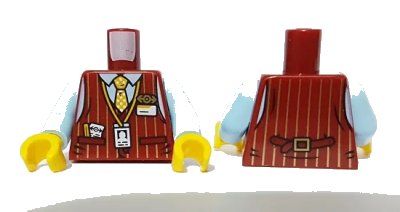 LEGO onderdeel Torso Vest with Vertical Stripes, Yellow Dotted Tie, Train Logo, ID Badge and Name Tag Pattern / Bright Light Blue Arms / Yellow Hands (973pb3762c01)