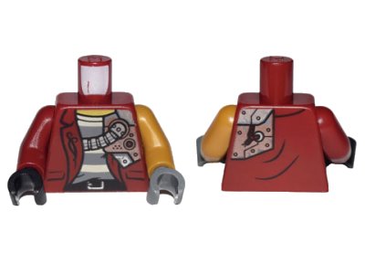 LEGO onderdeel Torso Jacket with Mechanical Shoulder Plate Armor Pattern / Pearl Gold Arm Left / Dark Red Arm Right / Dark Bluish Gray Hand Left / Black Hand Right (973pb4190c01)