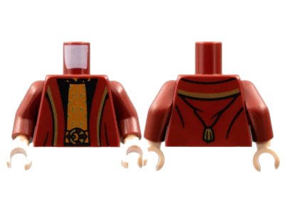 LEGO onderdeel Torso Robe with Gold Hems, Black Shirt with Gold and Dark Orange Center Panel Pattern / Dark Red Arms / Light Nougat Hands (973pb4895c01)