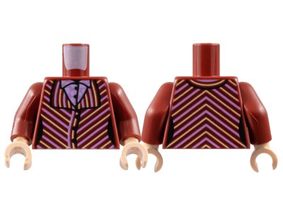 LEGO part Torso Female Jacket, Bright Pink and Bright Light Yellow Diagonal Stripes, Shirt with White Spots Pattern / Dark Red Arms / Light Nougat Hands (973pb4896c01)