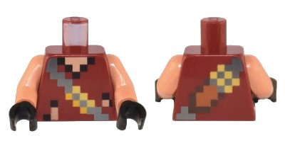LEGO onderdeel Torso Pixelated Vest with Silver Cross Strap with Yellow Buckles and Medium Nougat and Dark Brown Sword Pattern / Nougat Arms / Black Hands (973pb4912c01)