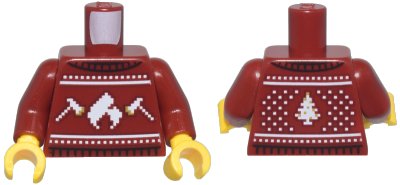 LEGO onderdeel Torso Knit Fair Isle Holiday Sweater with White and Gold Fire Logo, Axes, and Christmas Tree Pattern / Dark Red Arms / Yellow Hands (973pb5853c01)