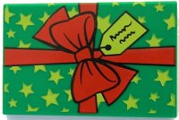 LEGO part Tile 2 x 3 with Present / Gift with Red Ribbon with Bow, Lime Gift Tag and Stars Pattern (BAM) 26603pb461