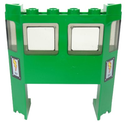 LEGO onderdeel Train Front 2 x 6 x 5 1/3 with 1 x 4 x 2 Cutout and Window with Molded Trans-Brown Glass and Electric Lightning Bolt and '9V' Pattern on Both Sides (Stickers) - Set 7898 (2924bpb03)
