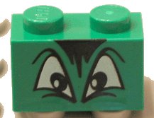 LEGO part Brick 1 x 2 with Black and White Squinting Eyes and Hair Pattern (3004pb012)