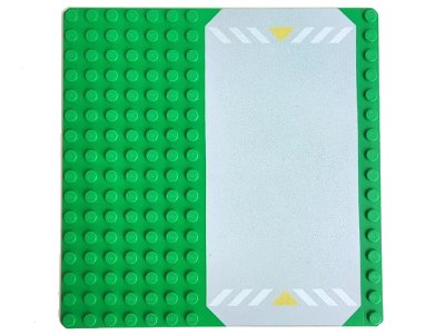 LEGO onderdeel Baseplate, Road 16 x 16 with Light Gray Driveway, White Danger Stripes, and Yellow Triangles Pattern (30225p01)