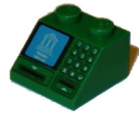 LEGO part Slope 45 2 x 2 with Building on Blue Screen, Card Slot and Keypad Pattern 3039pb084