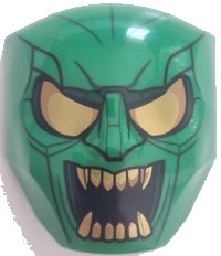 LEGO part Large Figure Face with Brow and Nose Detail, 2 x 2 Round Brick Attachment with Gold Eyes, Open Mouth with Teeth, and Lines Pattern (Green Goblin) 3524pb05
