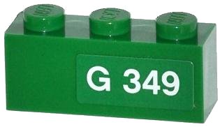 LEGO part Brick 1 x 3 with White 'G 349' Pattern Model Right Side (Sticker) - Set 70805 (3622pb051R)
