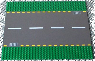 LEGO onderdeel Baseplate, Road 32 x 32 6-Stud Straight with Dark Gray Road, Yellow Dashed Lines and Storm Drains Pattern (44336pb01)