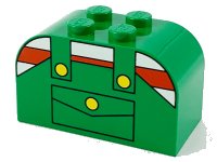 LEGO part Slope, Curved 4 x 2 x 2 Double with 4 Studs with Overalls with Pocket and Yellow Buttons over Shirt with Red and White Stripes Pattern 4744px7