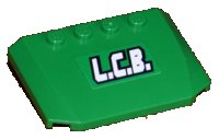 LEGO part Wedge 4 x 6 x 2/3 Triple Curved with White 'L.C.B.' Pattern (Sticker) - Set 7998 52031pb078
