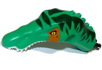 LEGO part Dinosaur Head Baryonyx with Pin, White Teeth, Dark Green Stripes Pattern (53309c01pb02)