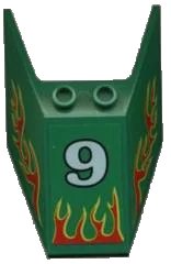 LEGO onderdeel Windscreen 6 x 4 x 1 1/3 with Bottom Tabs and Hollow Studs with Number 9 and Red Flames Pattern (Stickers) - Set 6568 (6152apb02)