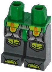 LEGO part Hips and Dark Bluish Gray Legs with Orange and Gold Circuitry, Silver Armor and Lime Knee Pads and Boots Pattern (970c85pb15)