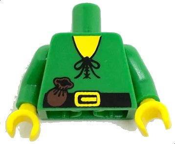 LEGO onderdeel Torso Castle Forestman Tie Shirt, Purse, Black Belt with Yellow Buckle Pattern, Inside with Ribs (Reissue) / Green Arms / Yellow Hands (973p46newc01)