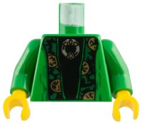 LEGO part Torso Robe Open with Dark Green and Gold Trim over Black Shirt, Silver Brooch Pattern / Green Arms / Yellow Hands 973pb0129c01