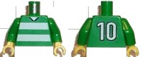 LEGO onderdeel Torso Soccer Uniform Shirt with White Horizontal Stripes, Neck, and Number 10 on Back Pattern / Green Arms / Yellow Hands 973pb0365c01