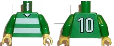 LEGO onderdeel Torso Soccer Uniform Shirt with White Horizontal Stripes, Neck, and Number 10 on Back Pattern / Green Arms / Yellow Hands (973pb0365c01)