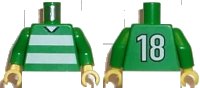 LEGO onderdeel Torso Soccer Uniform Shirt with White Horizontal Stripes, Neck, and Number 18 on Back Pattern / Green Arms / Yellow Hands 973pb0366c01