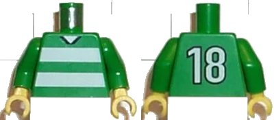 LEGO onderdeel Torso Soccer Uniform Shirt with White Horizontal Stripes, Neck, and Number 18 on Back Pattern / Green Arms / Yellow Hands (973pb0366c01)