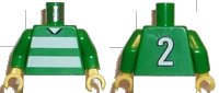 LEGO onderdeel Torso Soccer Uniform Shirt with White Horizontal Stripes, Neck, and Number  2 on Back Pattern / Green Arms / Yellow Hands 973pb0367c01