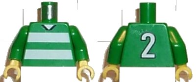 LEGO onderdeel Torso Soccer Uniform Shirt with White Horizontal Stripes, Neck, and Number  2 on Back Pattern / Green Arms / Yellow Hands (973pb0367c01)