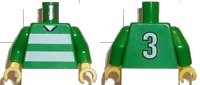 LEGO onderdeel Torso Soccer Uniform Shirt with White Horizontal Stripes, Neck, and Number  3 on Back Pattern / Green Arms / Yellow Hands 973pb0368c01