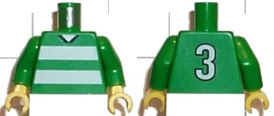 LEGO onderdeel Torso Soccer Uniform Shirt with White Horizontal Stripes, Neck, and Number  3 on Back Pattern / Green Arms / Yellow Hands (973pb0368c01)