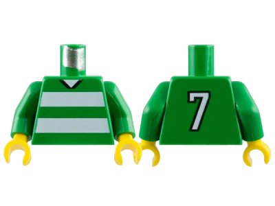 LEGO onderdeel Torso Soccer Uniform Shirt with White Horizontal Stripes, Neck, and Number  7 on Back Pattern / Green Arms / Yellow Hands (973pb0369c01)