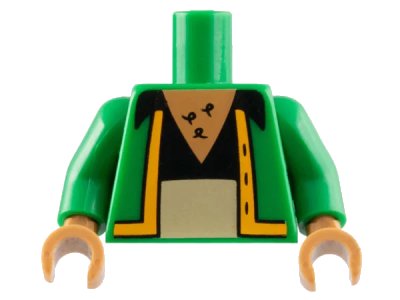 LEGO onderdeel Torso Simpsons Jacket with Bright Light Orange Trim over Black Shirt with Collar, Tan Pants Top, Medium Nougat Chest with Hair Pattern / Green Arms / Medium Nougat Hands (973pb1678c01)