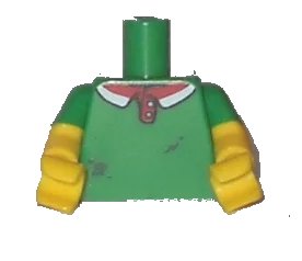 LEGO onderdeel Torso Polo Shirt with Red and White Collar, Pizza Sauce Stains on Front Pattern / Yellow Arms with Molded Green Short Sleeves Pattern / Yellow Hands (973pb1771c01)