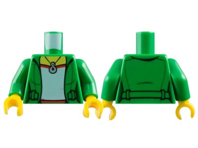 LEGO onderdeel Torso Female Jacket Open over Red and White Top with Wrinkle, Silver Infinity Pendant Necklace Pattern / Green Arms / Yellow Hands (973pb1963c01)