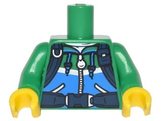 LEGO onderdeel Torso Hoodie with Ties, Dark Azure Stripe, Pockets, Silver Zipper and Dark Blue Straps Pattern / Green Arms / Yellow Hands (973pb2392c01)