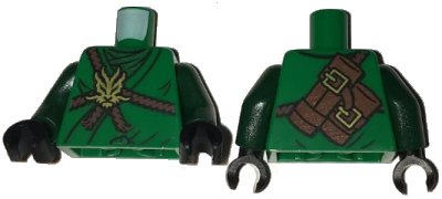 LEGO onderdeel Torso Ninjago Brown Rope, Gold Medallion and Dark Green Undershirt Front, Scabbards on Back Pattern / Dark Green Arms / Black Hands (973pb2531c01)