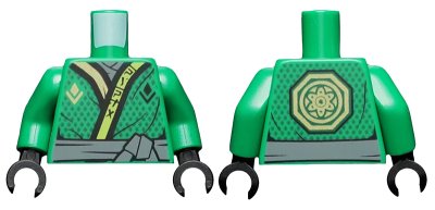 LEGO onderdeel Torso Ninjago Robe with Lime and Gold Trim, Gold Symbol, Black Dots, Dark Bluish Gray Sash Pattern / Green Arms / Black Hands (973pb3020c01)