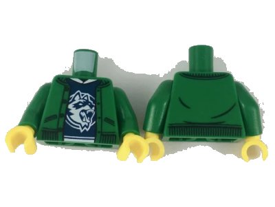 LEGO onderdeel Torso Jacket over Dark Blue Shirt with White Collar and Raccoon Logo Pattern / Green Arms / Yellow Hands (973pb3170c01)