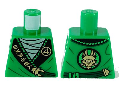 LEGO part Torso Tunic, Light Green Shirt, Wide Black Hems with Gold Ninjago Logogram 'MANTER' and Dragon Pattern (973pb3789)