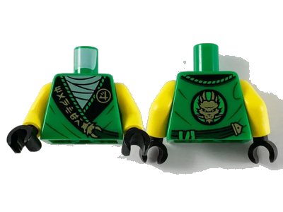 LEGO onderdeel Torso Tunic, Light Green Shirt, Wide Black Hems with Gold Ninjago Logogram 'MANTER' and Dragon Pattern / Yellow Arms / Black Hands (973pb3789c01)