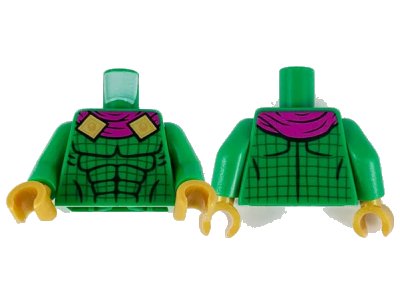LEGO onderdeel Torso Magenta Scarf with Gold Clasps, Black Muscle Contours, and Dark Green Grid Lines Pattern / Green Arms / Pearl Gold Hands (973pb3942c01)