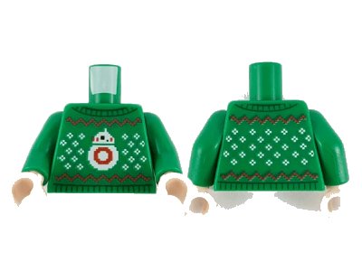 LEGO onderdeel Torso Knit Fair Isle Holiday Sweater with White SW BB-8 and Snowflakes, and Red Zigzag Pattern / Green Arms / Light Nougat Hands (973pb4010c01)